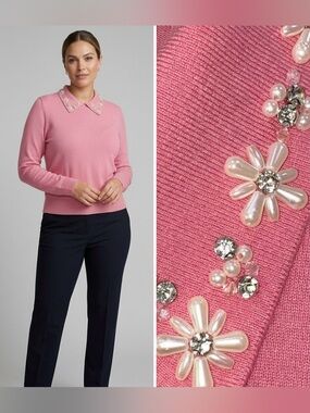 CeCe Pink Floral Pearl Embellished Collar Pullover Knit Sweater Size L